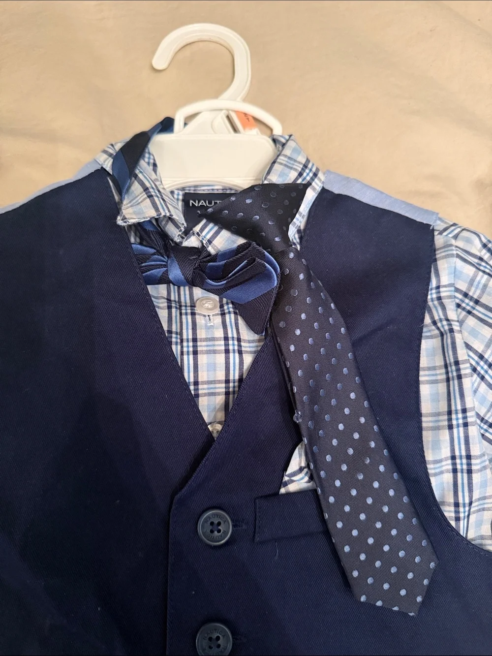 Nautica Navy Vest & Blue Plaid Shirt with Khaki Pants and Polka Dot Tie